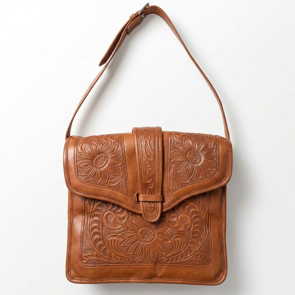 Vintage Hand Tooled Leather Purse Brown Floral Western Cowgirl Boho Bag